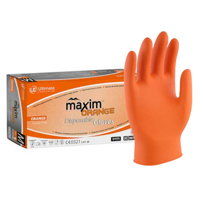 UCi Maxim Heavy-Duty Orange Nitrile Textured Mechanics Disposable Gloves (Box of 50)